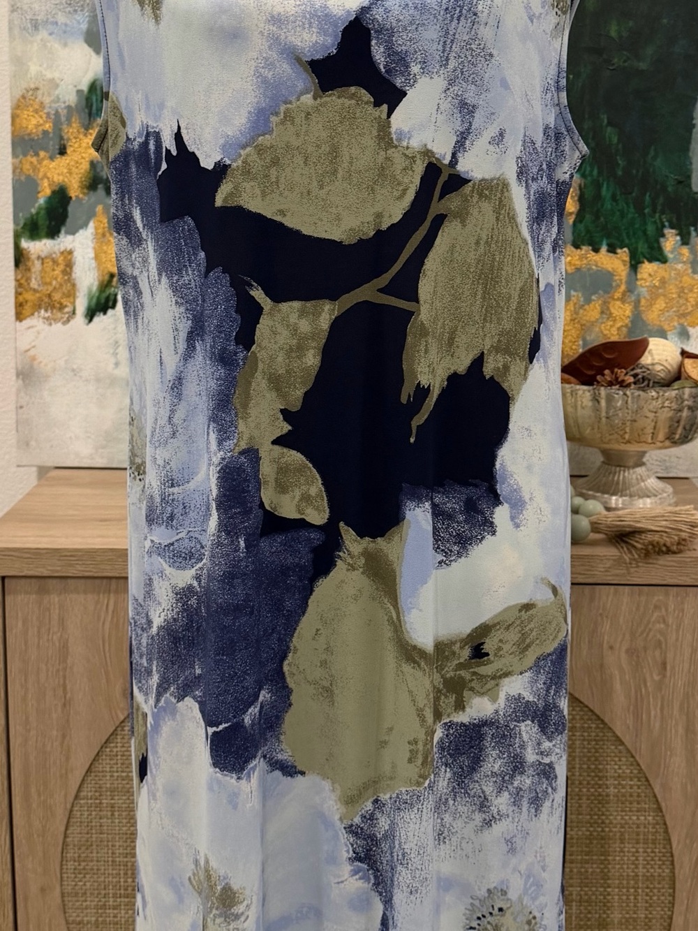 Chico's Navy, Olive & Light Blue Watercolor Sleeveless Maxi Dress